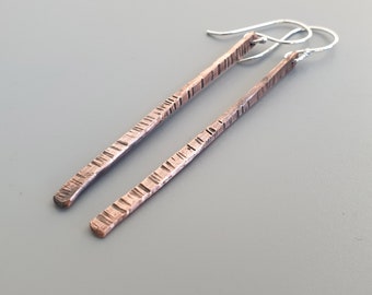 Hammered Copper Bar Earrings: Patina Boho Dangle, Sterling Silver Wires