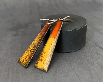 Triangle Enamel Earrings, Orange and Grey Art Deco Style Drop Earrings