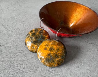 Statement Disc Enamel Earrings, Round Orange Drop with Silver Ear Wires