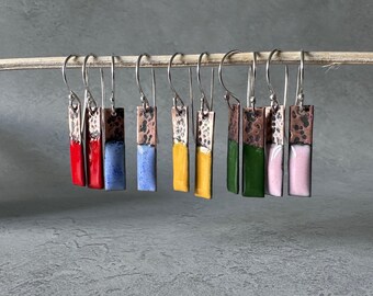 Two Tone Copper Enamel Earrings | Handmade Copper Bar Earrings | Colourful Minimalist Dangle Earrings | Modern Artisan Jewellery Gift