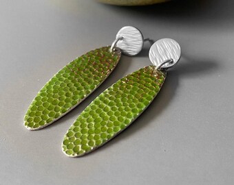 Sterling Silver and Green Enamel Oval Drop Earrings - Handmade Enamel Earrings