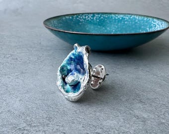 Molten Sterling Silver Enamel Brooch, Organic Ocean Blue Lapel Pin (22mm)