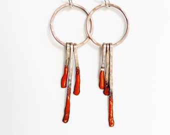 Orange Hammered Copper Enamel Dream Catcher Earrings