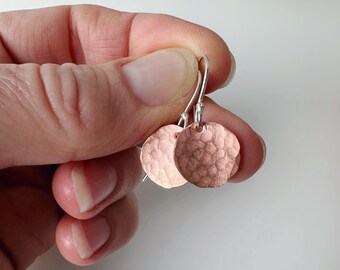 Copper Disc Earrings, Small Dangle Drops, Recycled Copper Sterling Silver Wires, Handmade Boho Jewellery Gift, Lightweight Everyday