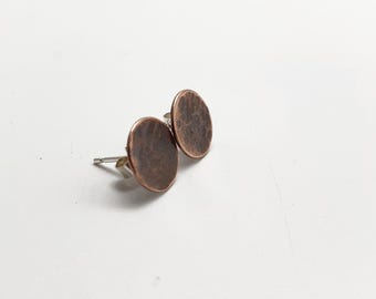 Copper Disc Stud Earrings 8mm, Hand Stamped Initial Option, Hammered Copper Studs 8mm, Personalised Gift, Handmade Sterling Silver Posts