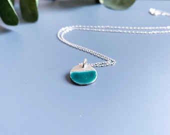 Turquoise Enamel Disc Necklace, Sterling Silver Pendant, Kiln Fired Jewellery, Birthday Gift Her