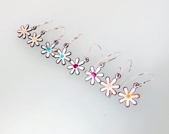 Enamel Daisy Earrings: Sterling Silver, Floral Dangle Jewelry