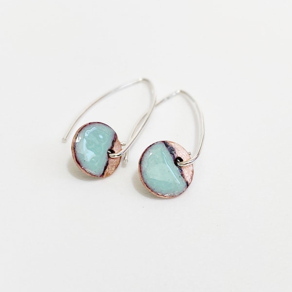 Copper Enamel Drop Earrings in Duck Egg Blue