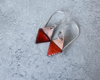 Copper Enamel Earrings, Diamond Shaped Dangle Earrings, Two Tone Copper Anniversary Gift for Her, Contemporary Handmade Jewellery