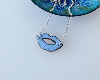 Blue Lips Enamel Necklace – Sterling Silver Chain, Handmade Jewelry