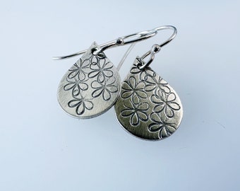 Hand Stamped Daisy Earrings, Silver Teardrop Drops, Sterling Silver Floral Jewellery, Nature Lover Gift, Handmade Artisan Gift for Her