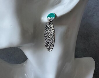 Turquoise Enamel Drop Earrings, Textured Oxidised Sterling Silver Ovals, Two Tone Disc Studs, Handmade