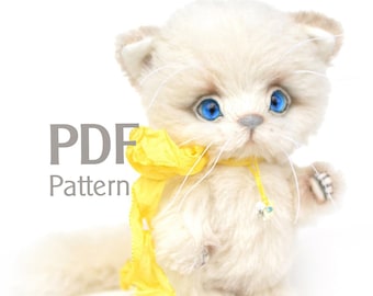 PDF naaipatroon kitten Flluffy 15,5 cm, kitten, kunstenaar teddy PDF, digitaal naaipatroon, naai witte kat, maak zelf teddy