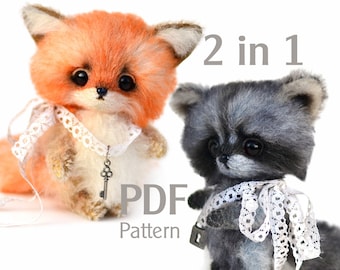 Pattern for the two mini teddies fox and racoon 4.5 in, artist teddy fox PDF sewing pattern, raccoon pattern, mini teddy pattern