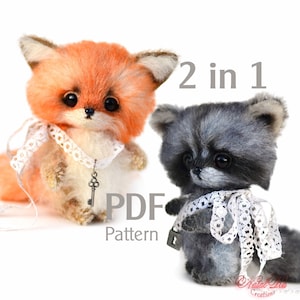 Pattern for the two mini teddies fox and racoon 4.5 in, artist teddy fox PDF sewing pattern, raccoon pattern, mini teddy pattern