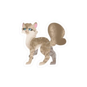 Puede incluir: Una ilustración de dibujos animados de un gato atigrado marrón y blanco con ojos azules. El gato está de pie sobre sus cuatro patas y tiene una cola esponjosa.