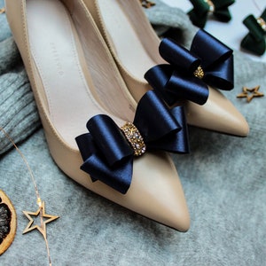 Navy Blue Satin Fabric Gold Beaded Shoes Clips, Wedding Bow Shoe Clips, Navy Blue Shoe Clips Women Christmas Gift, Christmas Formal Shoes