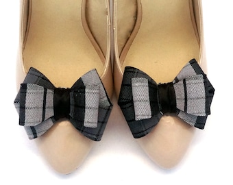 Dark Gray Tartan Plaid Fabric Bow Shoe Clips, Gray Check Shoe Clips for Women, Plaid Wedding Shoe Clips, Check Fabric Gray Shoe Bows