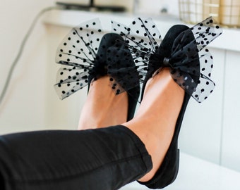 Polka Dot Lace Black Bow Shoe Clips for Women, Black Tulle Fabric Bow Shoe Clips, Polka Dot Tulle Black Shoe Clips for Black Bridal Shoes