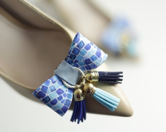 Fiocchi per scarpe blu in tessuto mosaico con mini nappe, fermagli per scarpe con nappe con stampa retrò, fiocchi per fermagli per scarpe blu bambino, fermagli per scarpe da sposa con nappe Boho