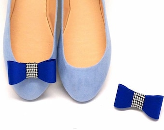 Clips de chaussures bleus en tissu satiné pour femmes, clips de chaussures à nœud en tissu bleu cobalt avec motif pied-de-poule, accessoires de chaussures en tissu à carreaux, arcs de chaussures