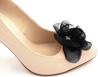Black Tulle Fabric Flower Shoe Clips, Faux Peonies Shoe Clips Wedding, Chiffon Fabric Flower Pin for Bridal Flip Flops, Prom Shoes