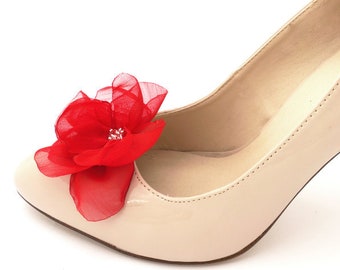 Broche de fleur rouge pour sandales de mariée, faux pivoines clips de chaussures de mariage, clips de chaussures de fleurs pour tongs de mariée, accessoires de chaussures en mousseline de soie