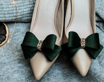 Clip per scarpe con fiocco in velluto verde smeraldo per donne, fiocco in velluto natalizio per pompe da donna, decorazione scarpe con perline dorate, fiocchi in velluto verde scuro