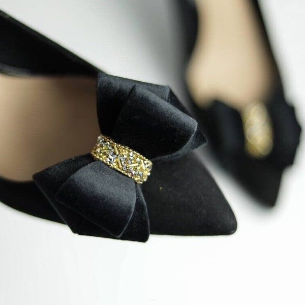 Arcs noirs georgous pour chaussures de soirée, clips de chaussures appliques strass, clips de chaussures à arc noir, clips de chaussures de mariée noir et or pour femmes