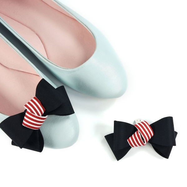 Arcs de chaussures marine avec rayures blanches rouges, clips de chaussures Sailor Stripes pour femmes, clips de chaussures d’arc en tissu de coton, accessoires de chaussures à motifs géométriques