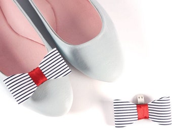 Navy and White Striped Shoe Clips for Women, Cotton Fabric Bow Shoe Clips with Sailor Stripes, Navy Stripe Fabric Shoe Accessories