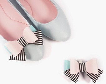 Powder Pink Bow Shoe Clips with Sailor Stripes, Black and White Striped Fabric Blush Shoe Clips for Women, Shoe Clips Wedding, Pastel Bows