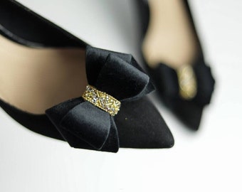 Georgous Black Bows for Evening Shoes, Rhinestone Applique Shoe Clips, Black Bow Shoe Clips, Black and Gold Bridal Shoe Clips for Women