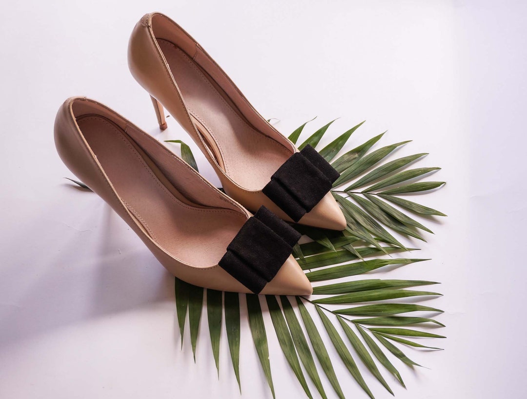 Black Suede Rectangle Shoe Clips for Women, Suede Fabric Black Bow Shoe