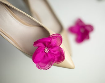 2 pcsPink Peony Crystal Wedding Shoe Clips, Handmade Chiffon Flowers