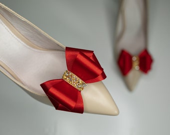 Amazing Red Satin Shoe Clips with Rhinestone Applique, Shoe Clips Red Satin Bows,Red Bridal Shoes Clips, Gold Bridal Shoe Clips Accessories