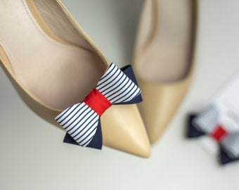 Handmade Nautical Shoe Clips by Coquet, Labor Day Sale, Navy Blue Shoe Bow, Summer shoes, Navy stripes summer shoe clips, Summer shoe clips