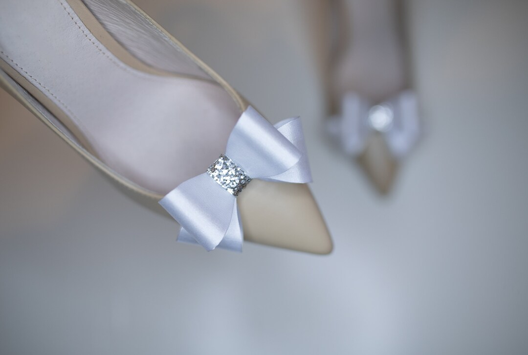White and Silver Bow Shoe Clips for Bridal Sandals, Silver Wedding Shoe
