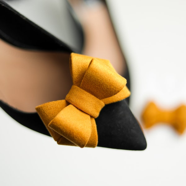 Suede Fabric Mustard Shoe Bows, Faux Suede Fabric Shoe Clips for Women, Mustard Yellow Shoes, Bridal Shoe Clips, Yellow Shoe Clips