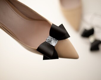 Black Bridal Shoes Clips with Silver Glitter, Black Bow Shoe Clips for Women, Silver Shoe Clips for Evening Shoes, Black Bow Shoe Clips