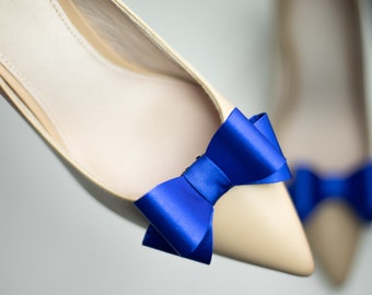 Clips de chaussures en satin bleu royal pour femmes, clips de chaussures de mariage bleu royal, clips de chaussures de mariée quelque chose de bleu, clips de chaussures à nœud bleu cobalt