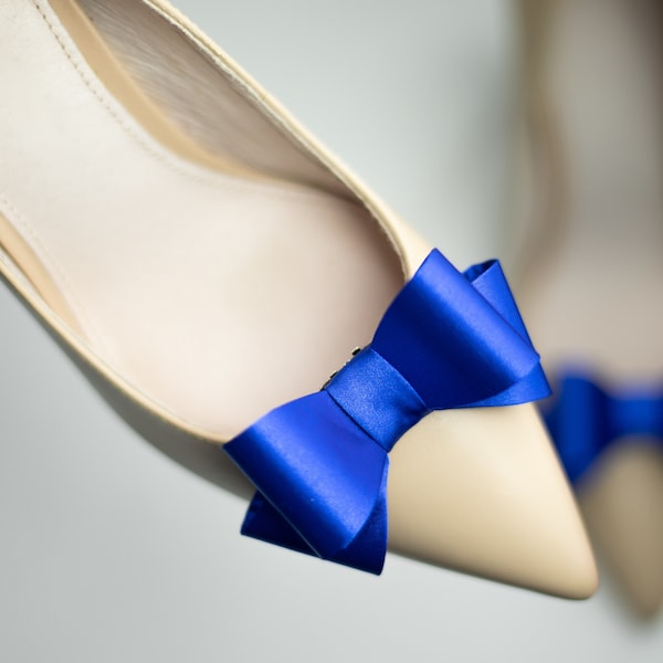 Royal Blue Satin Shoe Clips for Women, Royal Blue Wedding Shoe Clips, Something Blue Bridal Shoe Clips, Cobalt Blue Bow Shoe Clips