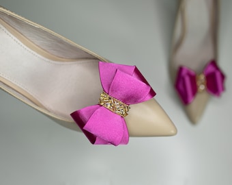 Beautiful Fuchsia Satin Shoe Clips with Rhinestone Applique, Shoe Clips Pink Satin Bows, Fuchsia Bridal Shoes Clips, Gold Bridal Shoe Clips
