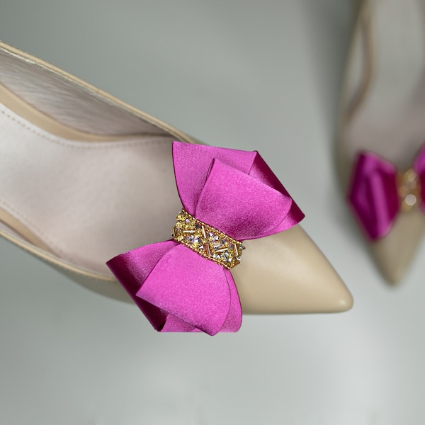 Beautiful Fuchsia Satin Shoe Clips with Rhinestone Applique, Shoe Clips Pink Satin Bows, Fuchsia Bridal Shoes Clips, Gold Bridal Shoe Clips