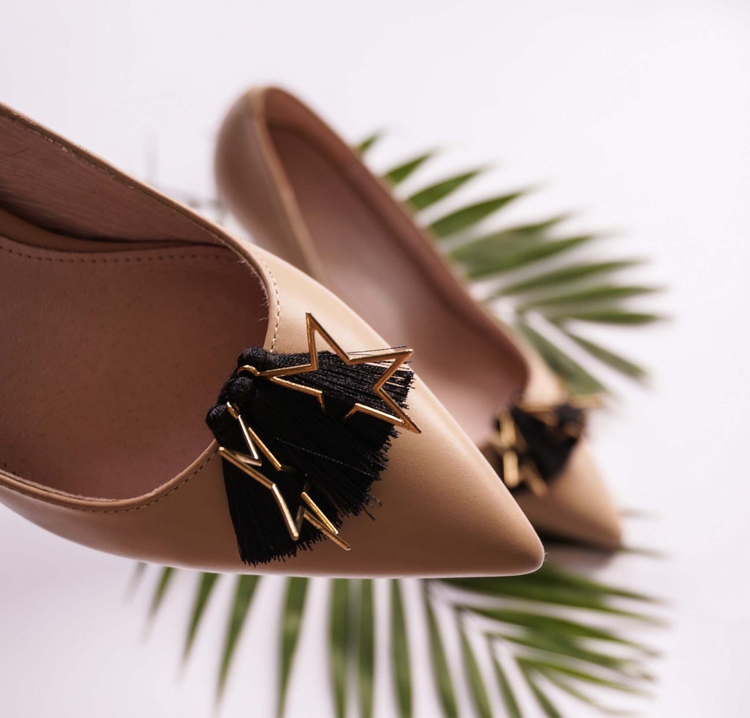 Beautiful Black Shoe Clips With Golden Stars. Handmade Shoe Clips for