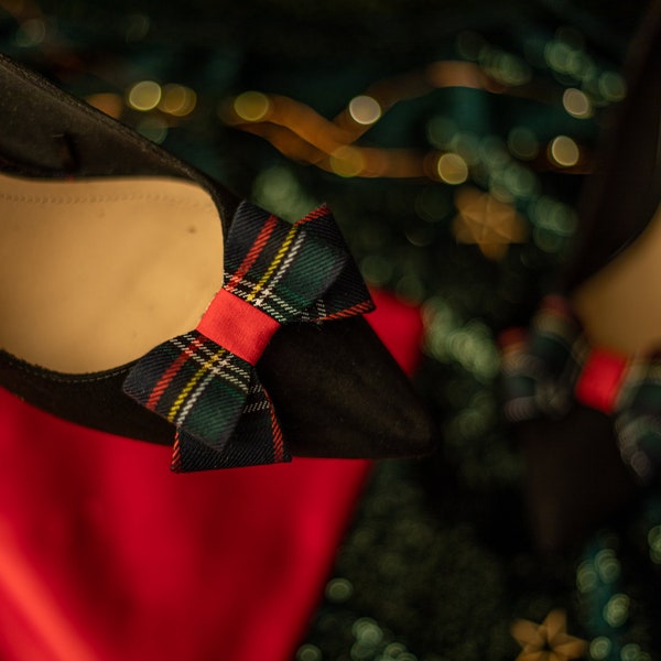 Noeud rouge et vert pour chaussures, pince à chaussures noeud en tissu tartan, noeud de Noël pour escarpins femmes, chaussures de mariage à carreaux écossais, cadeau de Noël