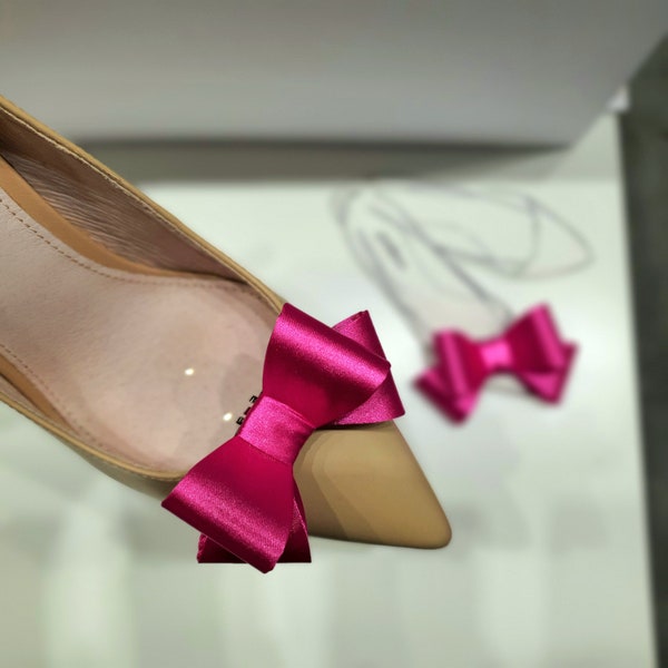 Clips de chaussures à nœud en tissu fuchsia, clips de chaussures de mariage roses, clips de chaussures en tissu satiné rose pour femmes, tenue de demoiselle d’honneur clips de chaussures roses