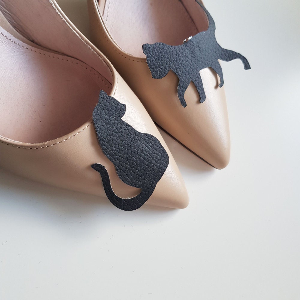 Black Cat Shoe Pins Black Faux Leather Shoe Clips Handmade Etsy