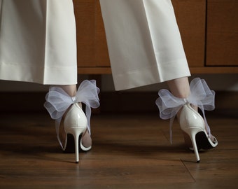 Clips de chaussures à arc blanc arrière et avant, clips de chaussures de mariage, chaussure de mariée à clip d’arc blanc, arcs ivoire pour demoiselle d’honneur, clip de chaussures à gros arcs blancs