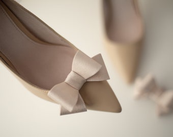 Shimmering Beige Satin Bridal Shoe Clips, Handmade Shoe Bows by Coquet, Labor Day Sale, Blush Wedding Shoes, Easter Outfit